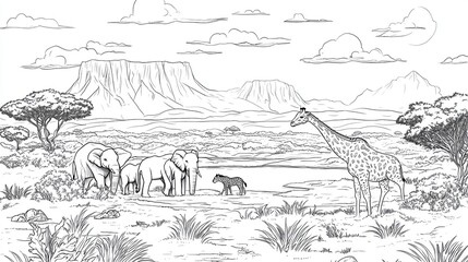 Fototapeta premium African savanna coloring page with a group of animals and scenery. Children coloring book