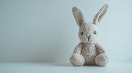 Obraz premium A soft, fluffy bunny toy against a plain white backdrop.