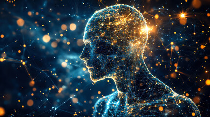 A glowing silhouette of a human head surrounded by a cosmic network of stars and light reflecting creative thought and imagination