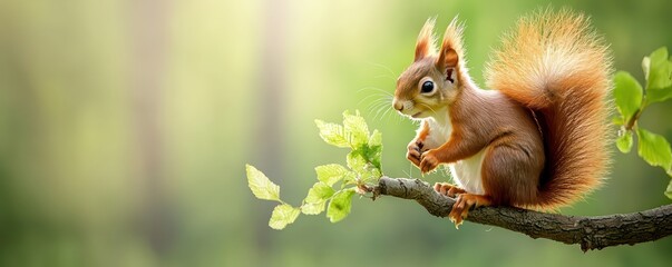 Obraz premium A fluffy squirrel with a bushy tail is perched on a tree branch in a serene forest setting.