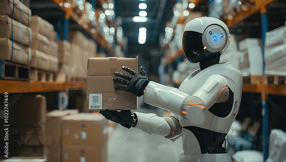 Poster a robot warehouse worker moving boxes in a warehouse setting. with neatly arranged shelves filled wi
