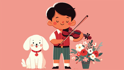 flat illustration of a little boy playing a violin accompanied by a dog