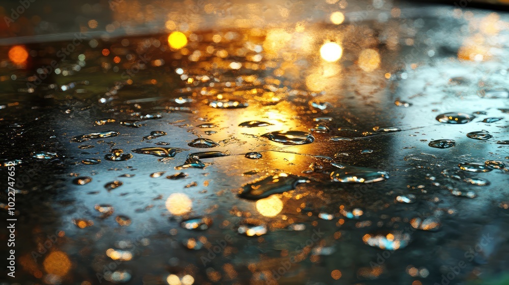 Poster a detailed shot of droplets scattered across a glass table, with reflections of light creating dynam