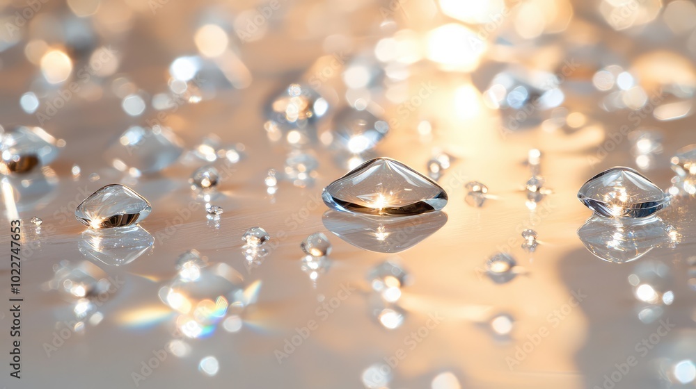 Poster a detailed shot of droplets scattered across a glass table, with reflections of light creating dynam