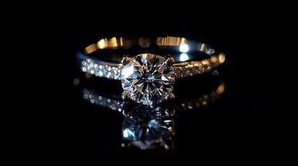 A sparkling diamond ring, perfect for a wedding or engagement, shines against a black background.