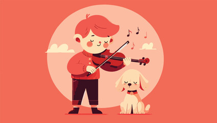 flat illustration of a little boy playing a violin accompanied by a dog