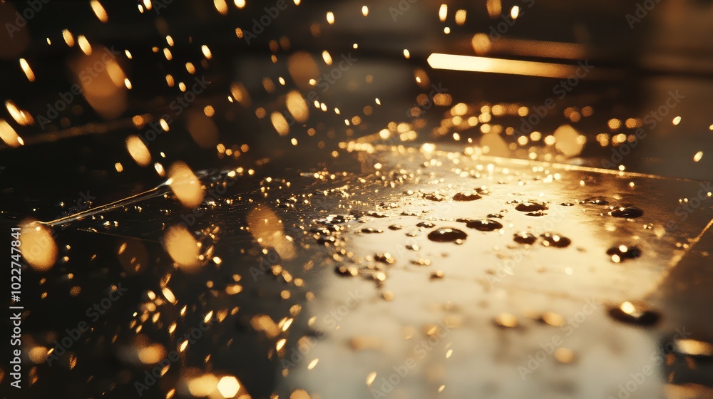Poster a detailed shot of droplets scattered across a glass table, with reflections of light creating dynam