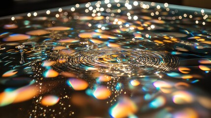 Naklejka premium A detailed shot of droplets scattered across a glass table, with reflections of light creating dynamic patterns on the surface