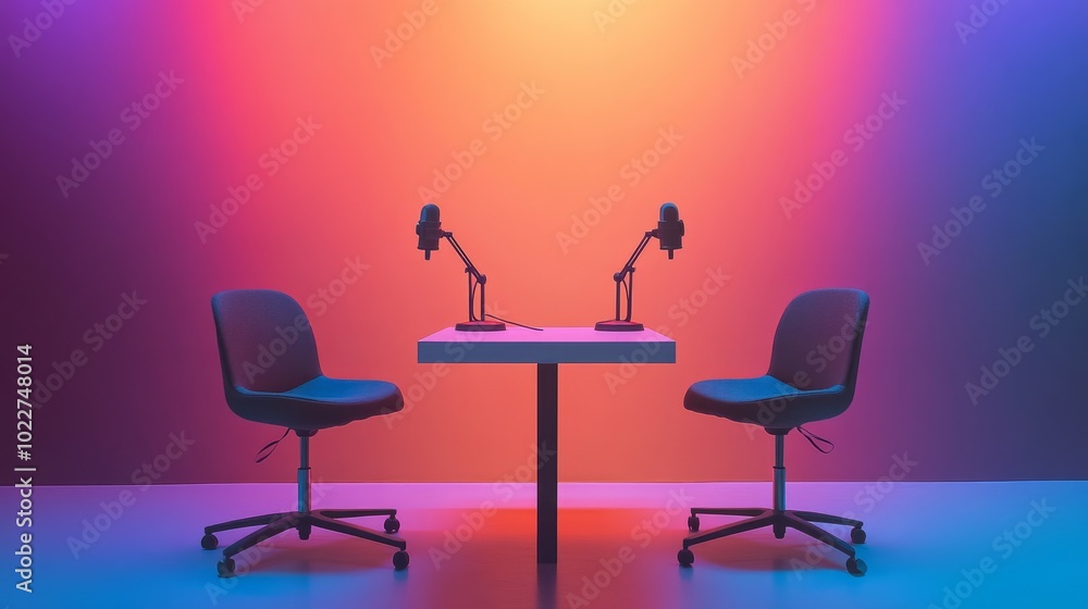 Poster A modern studio setup with two chairs and two microphones on a clean table, perfect for interviews or recording sessions in a minimalist setting.