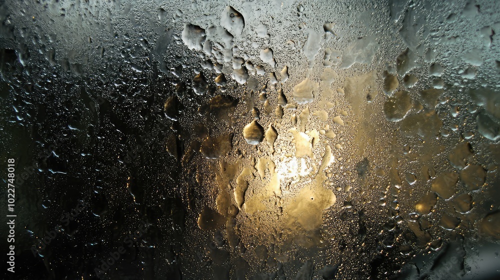 Poster a macro image of water droplets on a glass shower door, with soft light from behind casting abstract