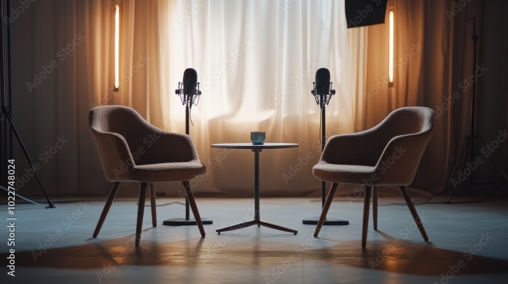 Poster a modern studio setup with two chairs and two microphones on a clean table, perfect for interviews o