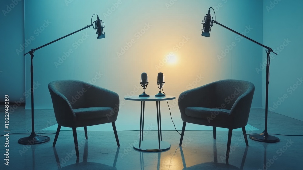 Poster a modern studio setup with two chairs and two microphones on a clean table, perfect for interviews o