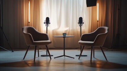 A modern studio setup with two chairs and two microphones on a clean table, perfect for interviews or recording sessions in a minimalist setting.