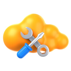 A 3D rendering of a yellow cloud with a screwdriver and wrench, representing cloud maintenance and upkeep. 3d illustration of Cloud Configuration