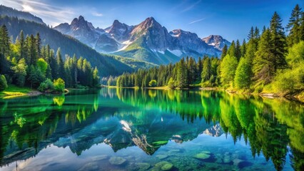 Obraz premium Serene Mountain Landscape with Lush Green Forest and Clear Blue Sky Reflecting in Tranquil Lake