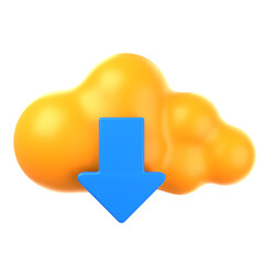 A 3D render of a yellow cloud with a blue download arrow, representing file download from cloud services. 3d illustration of cloud download