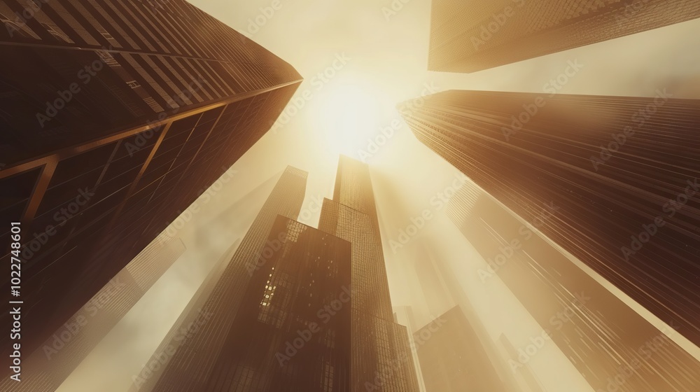 Poster low angle view of modern skyscrapers shrouded in morning fog with dynamic light and shadow effects, 