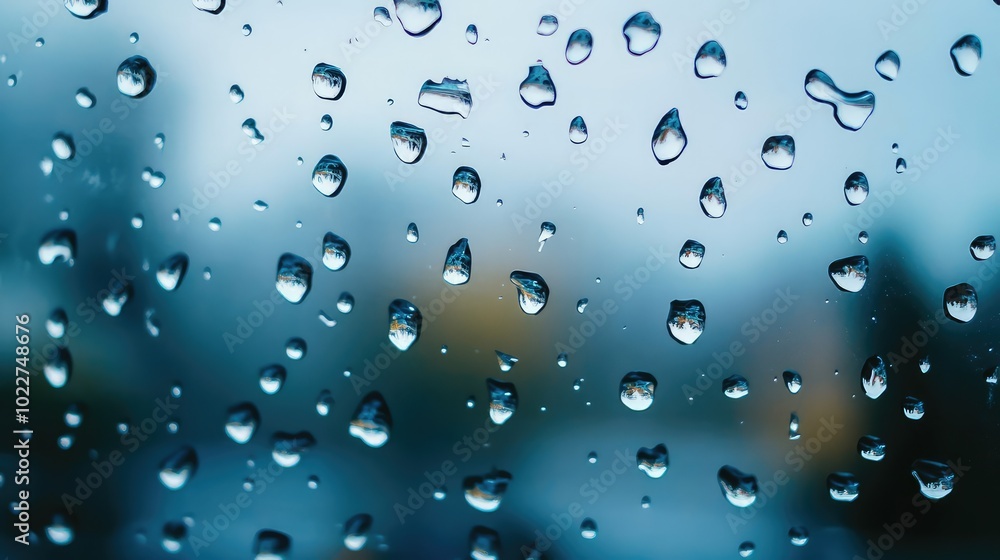 Poster a macro shot of water drops on a tilted glass surface, each drop reflecting a distorted image of the