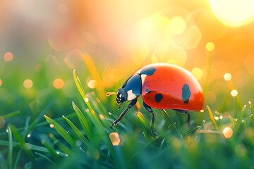 Ladybug on meadow with dreamy warmth, bokeh photo