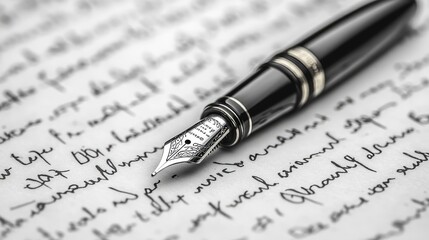 Black-and-white close-up of an antique fountain pen lying on a sheet of handwritten letters, with fine details in the nib and ink strokes.