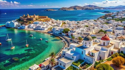 Obraz premium Serene Mykonos Landscapes Showcasing Iconic White Buildings and Crystal Clear Aegean Sea Views