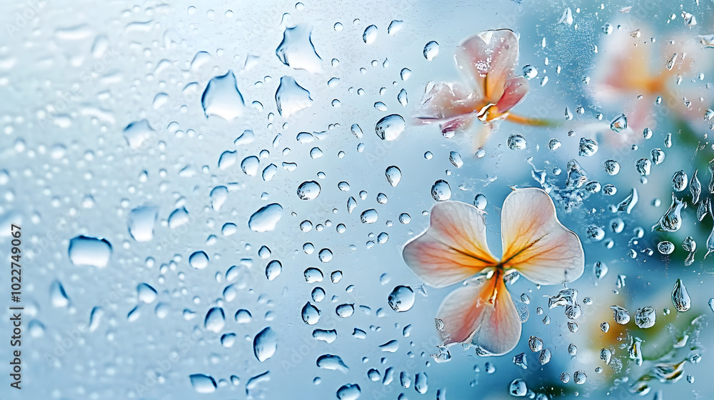 Wall mural A macro shot of water droplets adorning a glass pane, featuring a floral centerpiece amidst them