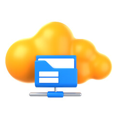 A 3D render of a yellow cloud with a blue folder and server, representing cloud server storage and file sharing. 3d illustration of Cloud File Sharing