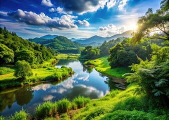 Serene Nature Landscape with Lush Greenery and Clear Blue Sky in a Peaceful Outdoor Setting