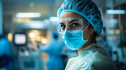 Healthcare worker wearing protective gear and a mask in a busy hospital during a critical patient care situation