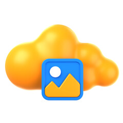 A 3D rendering of a yellow cloud with a blue photo icon, representing cloud storage for photos and images. 3d illustration of Cloud Image