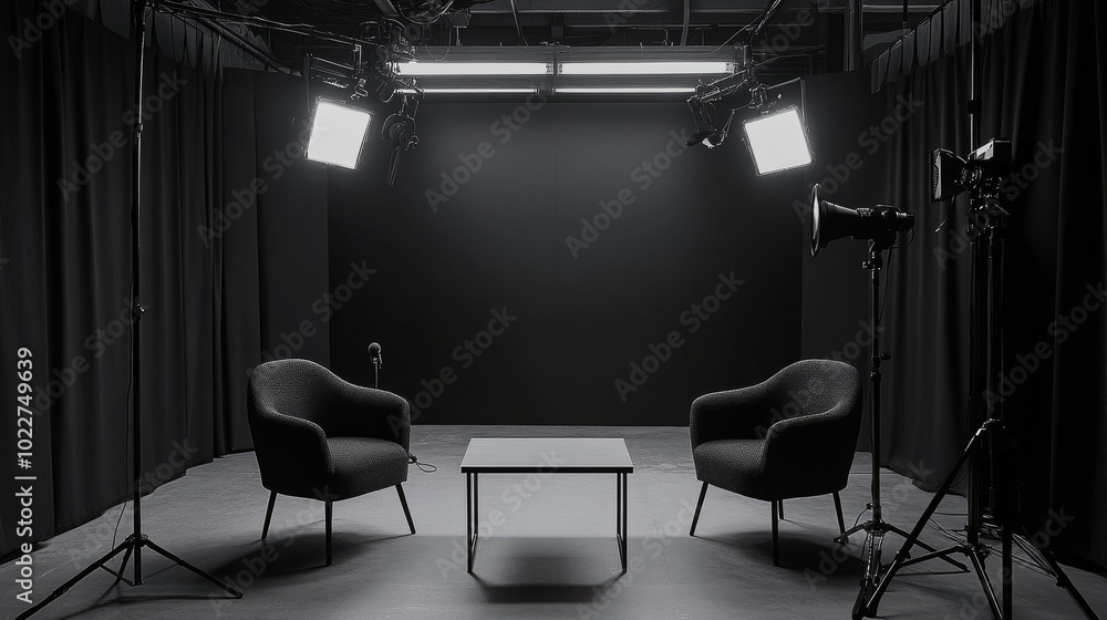 Poster clean and simple studio design with two chairs, a rectangular table, and two microphones, creating a