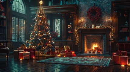 Gifts wrapped in festive paper under a Christmas tree by a glowing brick fireplace