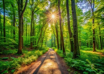 Obraz premium Serene Nature Trail Through Wolcott Woods in Simsbury, Connecticut with Lush Greenery and Sunlight