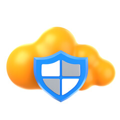 A 3D rendering of a yellow cloud with a blue shield, symbolizing cloud security and data protection. 3d illustration of Cloud Protection