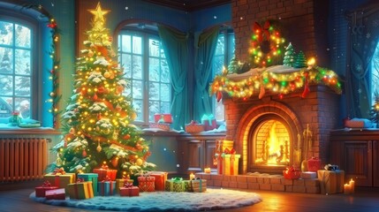 Beautifully decorated Christmas tree and glowing fireplace in a cozy living room setting
