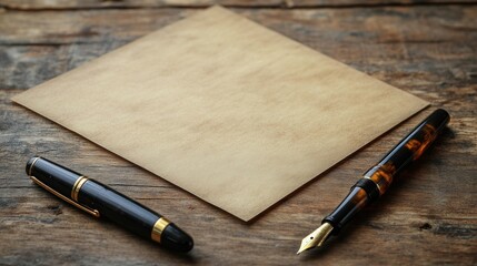 Elegant writing tools on a rustic wooden table with blank paper.