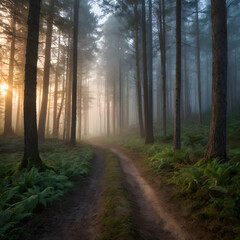 Obraz premium Foggy Forest Path at Dawn