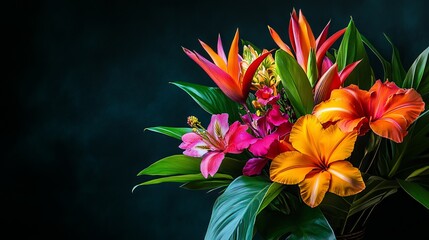 A vibrant bouquet of tropical flowers pops against a dark background.