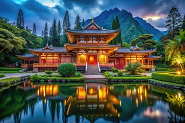 Fototapeta premium Serene Oahu Temple Surrounded by Lush Tropical Landscape and Clear Blue Skies in Hawaii's Paradise