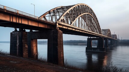 Naklejka premium A long, arched steel bridge spans over a calm river, supported by several large concrete pillars, under a cloudy sky in a serene landscape.