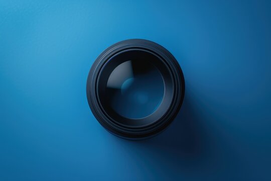 Camera lens resting on a blue background capturing light reflections in a creative composition
