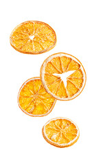 Levitating or flying dried dehydrated aromatic round slices of orange citrus fruit isolated on white background eaten as healthy snack chips or used as ingredient as mulling spice for winter drinks