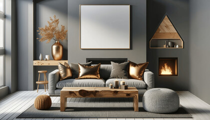 Cozy living room with gold accents and modern fireplace