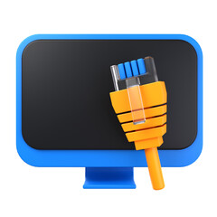 A 3D render of a computer monitor with an Ethernet cable, highlighting a wired connection for stable internet access. 3d illustration of Ethernet