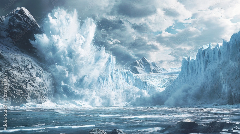Poster a glacial ice sheet collapses in a spectacular display, sending massive chunks of ice into the frigi