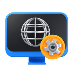 A 3D rendering of a monitor with a globe and gear, symbolizing website maintenance and optimization. 3d illustration of Network Setting