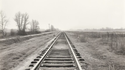 Fototapeta premium Black-and-white photo of an empty railway track stretching into the distance, with overgrown grass and weeds on both sides.