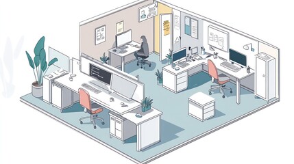 Space-efficient offices illustrated with modular designs that adapt to the needs of employees, optimizing space and productivity, illustrations