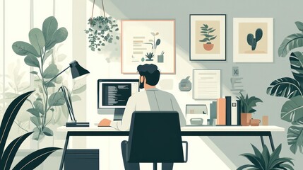 Space-efficient workplaces illustrated as combining minimalism with smart design, allowing for maximum productivity in compact environments, illustrations
