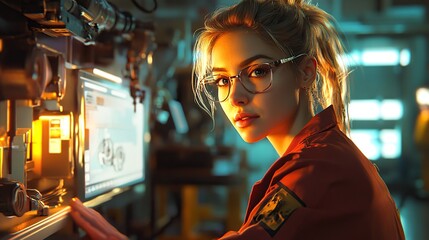 Obraz premium Industrial engineering woman wearing glasses working in factory